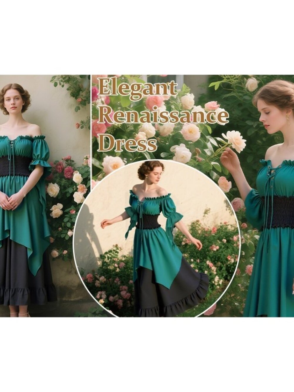 Green Renaissance Dress Medieval Costume Long Sleeve Victorian Women's MEDIUM - Picture 8 of 10